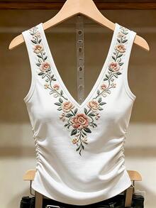 SHEIN Holidaya 夏季度假刺繡抓皺腰部背心上衣，適合日常穿著 - 白色 - 查看 4
