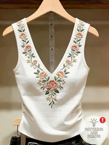 SHEIN Holidaya 夏季度假刺繡抓皺腰部背心上衣，適合日常穿著 - 白色 - 查看 3