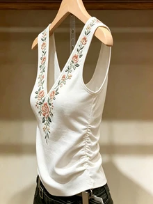 SHEIN Holidaya 夏季度假刺繡抓皺腰部背心上衣，適合日常穿著 - 白色 - 查看 5