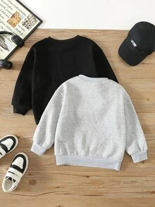 SHEIN 2件組兒童男孩/女孩百搭買1送1休閒百搭舒適保暖加厚內裡寬鬆長袖套頭運動衫多件套裝，適合學校、花園、秋季 - 彩色 - 查看 2