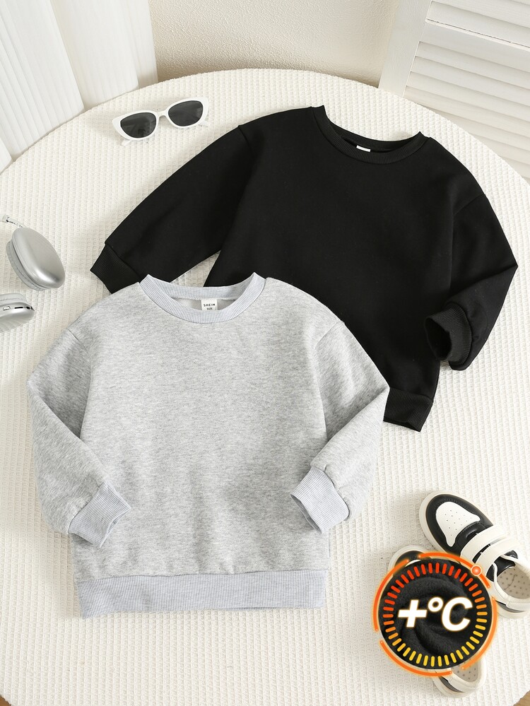 SHEIN 2pcs Kids Young Boy/Young Girl All-Match Buy 1 Get 1 Free Casual Versatile Comfortable Fleece Lined Thickened Warm Loose Long Sleeve Pullover Sweatshirt Multi-Piece Set Suitable For School, Garden, Autumn - Multicolor - View 3