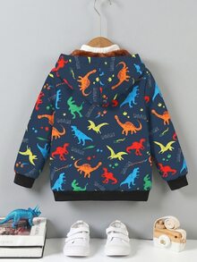 SHEIN Explorewe 小男孩恐龍多色印花抓絨內裡連帽外套 - 藍色 - 查看 2