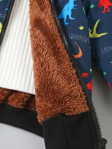 SHEIN Explorewe 小男孩恐龍多色印花抓絨內裡連帽外套 - 藍色 - 查看 5