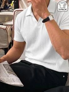 HIMLAND 3pcs/Pack Men's Simple Ice Silk Feel Short Sleeve Polo Shirts, Summer Vacation White Casual - White - View 9