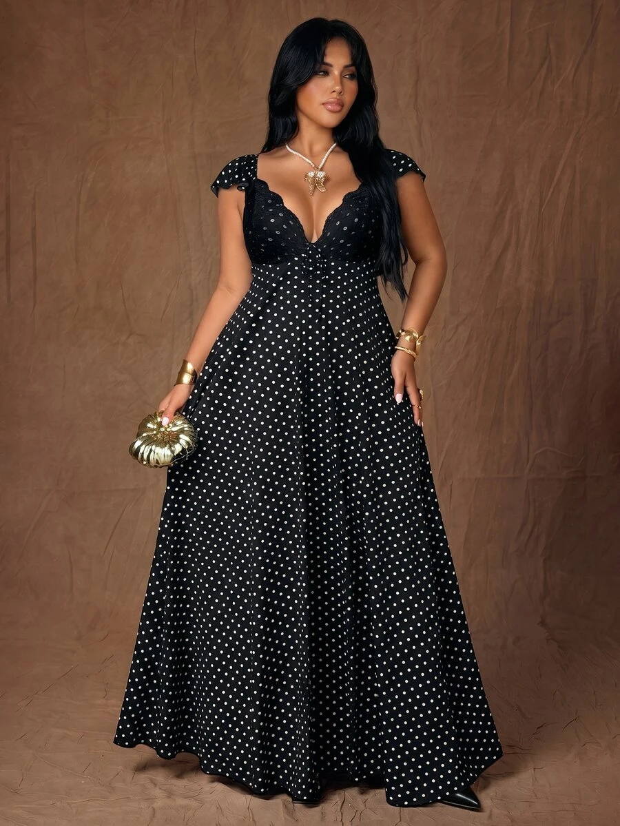 Rustia Plus Size Elegant Sexy Lace Polka Dot Fitted A-Line Cute Retro Ruffle Sleeve Short Sleeve Maxi Dress For Women, Spring/Summer - Black - View 1