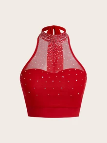 SHEIN ICON Stand Collar Cutout Rhinestone Mesh Splicing Cropped Tank Top,Rave Top,See Through Top - Red - View 5