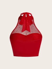 SHEIN ICON Stand Collar Cutout Rhinestone Mesh Splicing Cropped Tank Top,Rave Top,See Through Top - Red - View 2