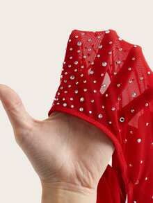 SHEIN ICON Stand Collar Cutout Rhinestone Mesh Splicing Cropped Tank Top,Rave Top,See Through Top - Red - View 6