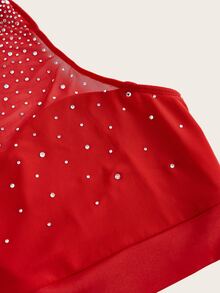 SHEIN ICON Stand Collar Cutout Rhinestone Mesh Splicing Cropped Tank Top,Rave Top,See Through Top - Red - View 3