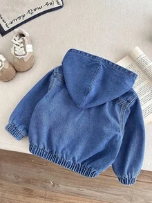 女童秋冬基礎休閒藍色寬鬆連帽牛仔外套，女童返校穿搭服飾，幼兒保暖外套 - 深色水洗藍 - 查看 2