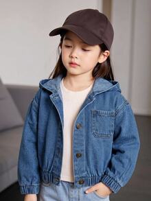 女童秋冬基礎休閒藍色寬鬆連帽牛仔外套，女童返校穿搭服飾，幼兒保暖外套 - 深色水洗藍 - 查看 9