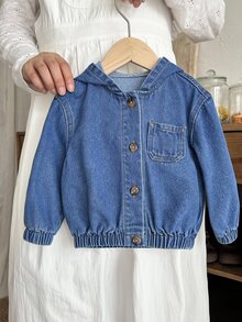 女童秋冬基礎休閒藍色寬鬆連帽牛仔外套，女童返校穿搭服飾，幼兒保暖外套 - 深色水洗藍 - 查看 8