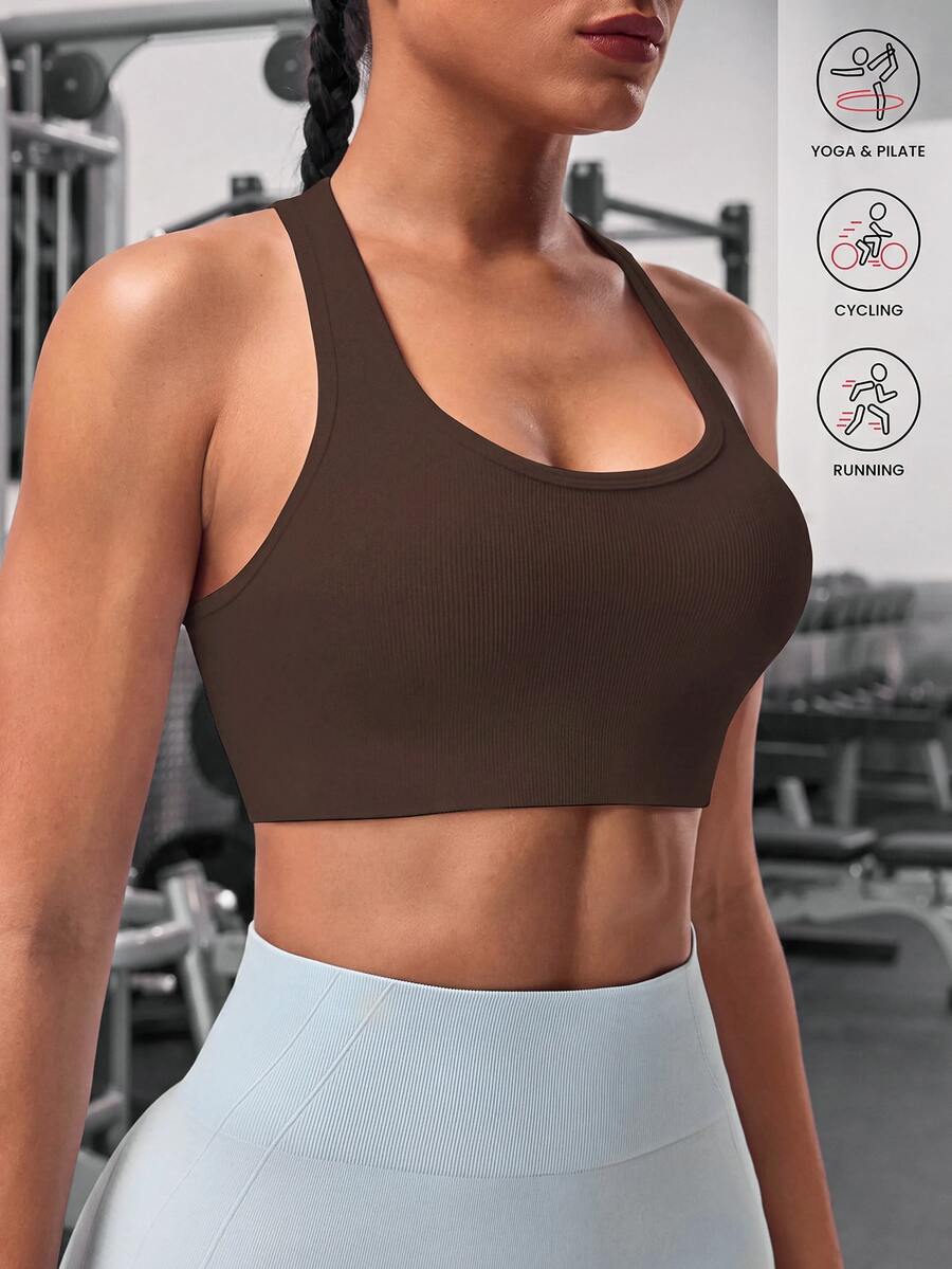 Solea Cove Solea Cove 女式纯色无袖短款瑜伽工字背心 - 咖啡棕 - 查看 1