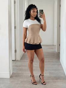Mistrie Colorblock Patchwork Ruffle Hem Short Sleeve Top - Khaki - View 6