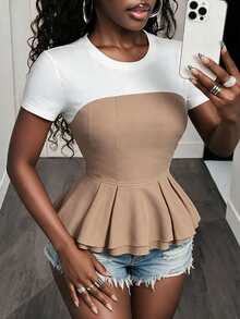 Mistrie Colorblock Patchwork Ruffle Hem Short Sleeve Top - Khaki - View 7