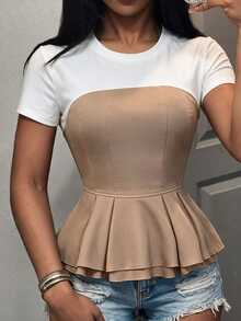Mistrie Colorblock Patchwork Ruffle Hem Short Sleeve Top - Khaki - View 1