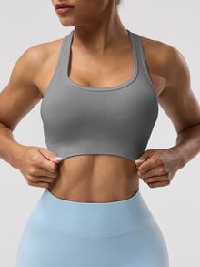 Solea Cove Solea Cove Women's Solid Color Sleeveless Short Yoga Racerback Tank Top Exercise Bra - Dark Grey - View 5
