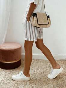 SHEIN Summer Vacation Casual Beach Elegant Geometric Striped Shorts, Outing, Commute, Tie-Up, Summer Holiday, Country Style, Versatile And Flattering - Apricot - View 6