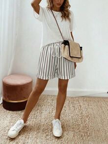 SHEIN Summer Vacation Casual Beach Elegant Geometric Striped Shorts, Outing, Commute, Tie-Up, Summer Holiday, Country Style, Versatile And Flattering - Apricot - View 5