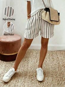 SHEIN Summer Vacation Casual Beach Elegant Geometric Striped Shorts, Outing, Commute, Tie-Up, Summer Holiday, Country Style, Versatile And Flattering - Apricot - View 3