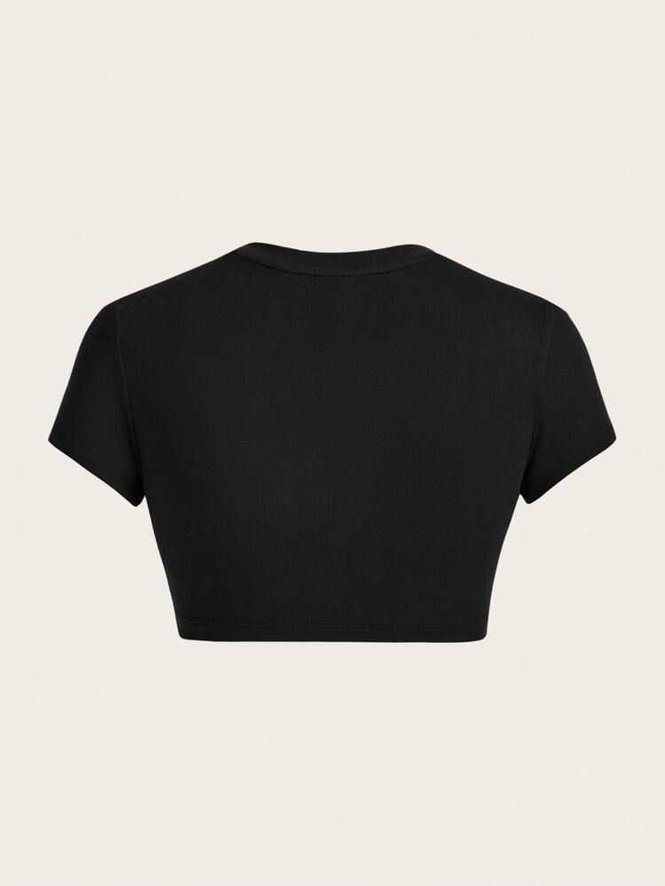 SHEIN ICON 免內衣加墊黑色圓領短袖短版性感基本上衣，休閒極簡運動街頭風夜店健身房 Y2K 女裝，夏季 - 黑色 - 查看 2