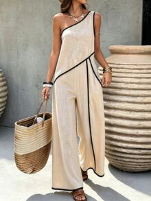 SHEIN Holidaya Women's Summer Elegant Asymmetric Shoulder Line Wide Leg Jumpsuit, Daily Commute, Date, Photography - Apricot - View 5