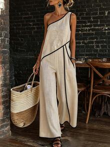 SHEIN Holidaya Women's Summer Elegant Asymmetric Shoulder Line Wide Leg Jumpsuit, Daily Commute, Date, Photography - Apricot - View 6
