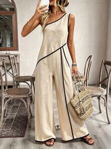 SHEIN Holidaya Women's Summer Elegant Asymmetric Shoulder Line Wide Leg Jumpsuit, Daily Commute, Date, Photography - Apricot - View 4