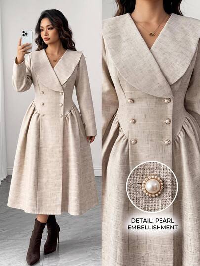 Elenzga Plus Size Women's Elegant Sophisticated Minimalist Commuter Tweed Fabric Khaki Color Large Lapel Long Sleeve Double-Breasted Pearl Metal Button Decor Waist Gathered A-Line Long Wool Coat