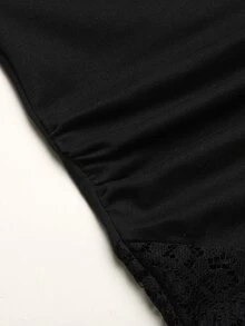 SHEIN 兒童青少年女孩 2件組休閒黑色拼接蕾絲飾邊荷葉邊長袖修身針織上衣與喇叭褲套裝，適合日常戶外、旅行機場、休閒日常穿著，法式童裝套裝 - 黑色 - 查看 6