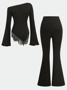 SHEIN 兒童青少年女孩 2件組休閒黑色拼接蕾絲飾邊荷葉邊長袖修身針織上衣與喇叭褲套裝，適合日常戶外、旅行機場、休閒日常穿著，法式童裝套裝 - 黑色 - 查看 3