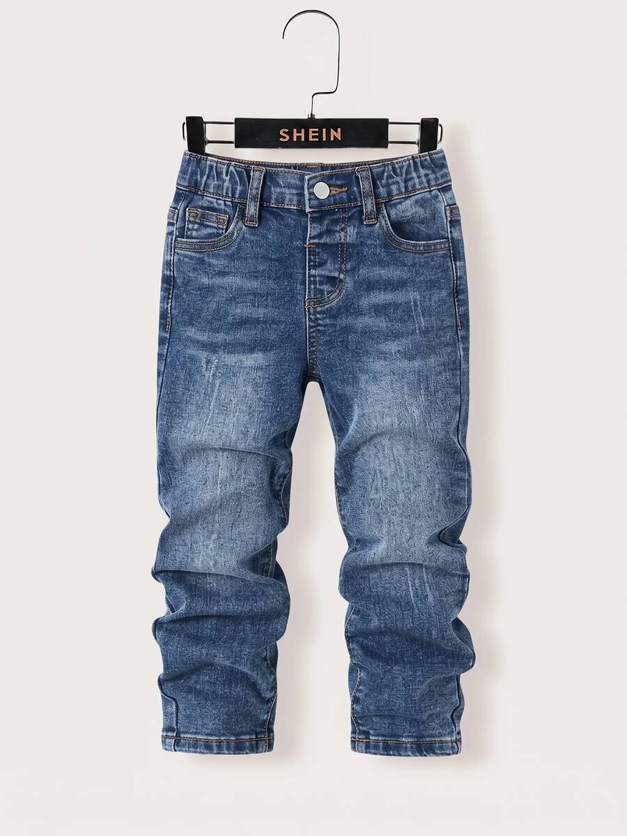 SHEIN 兒童小男孩休閒水洗修身牛仔長褲 - 深色水洗藍 - 查看 1