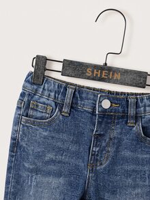SHEIN 兒童小男孩休閒水洗修身牛仔長褲 - 深色水洗藍 - 查看 5