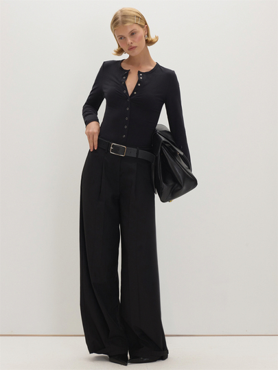 MUSEYN Black Jersey Popper Button Long Sleeve Fitted Bodysuit Everyday Casual Fall New Season Capsule Wardrobe