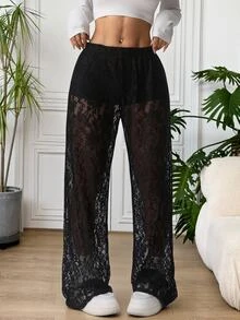 SHEIN EZwear Plus Size Women's Elastic Waist Lace Wide Leg Loose Long Pants Halloween - Black - View 4
