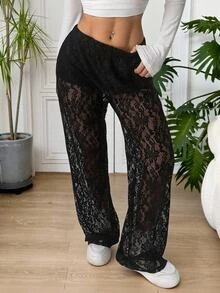 SHEIN EZwear Plus Size Women's Elastic Waist Lace Wide Leg Loose Long Pants Halloween - Black - View 5