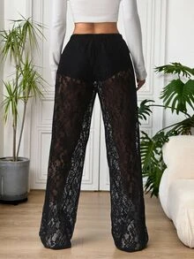 SHEIN EZwear Plus Size Women's Elastic Waist Lace Wide Leg Loose Long Pants Halloween - Black - View 2