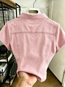 Resyla Women's Retro Polo Collar T-Shirt, Pink Faux Pocket Pattern - Multicolor - View 2