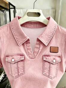 Resyla Women's Retro Polo Collar T-Shirt, Pink Faux Pocket Pattern - Multicolor - View 3