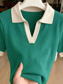 SHEIN 女款春夏拼色簡約休閒 Polo 領短袖修身針織上衣，夏季度假優雅休閒百搭，適合外出、度假、辦公室穿著，綠色上衣 - 青碧色 - 查看 3