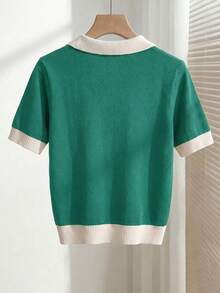 SHEIN 女款春夏拼色簡約休閒 Polo 領短袖修身針織上衣，夏季度假優雅休閒百搭，適合外出、度假、辦公室穿著，綠色上衣 - 青碧色 - 查看 2