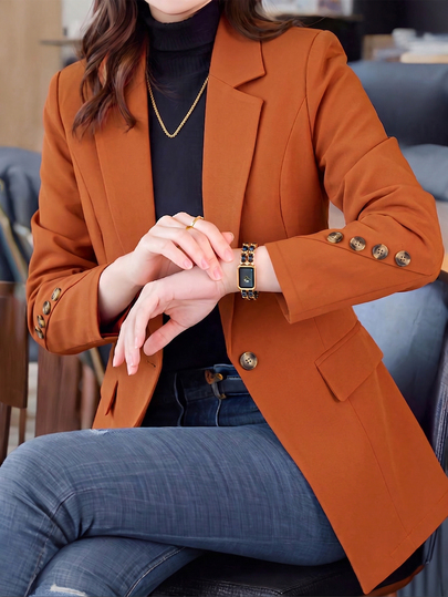 SHEIN Clasi سترة نسائية بلون موحد بتصميم قماشي مع ياقة، جيوب وهمية، قصة فضفاضة، ملابس صيفية، أكمام طويلة، مناسبة ليوم المعلم والمكتب والأعمال، برتقالي محروق
