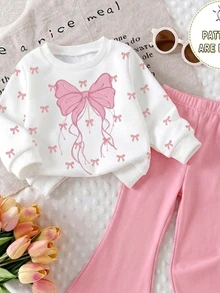 SHEIN 2件組女嬰套裝，秋冬新款全印花蝴蝶結圓領套頭衛衣 + 蝴蝶印花喇叭褲 2件套，適合秋冬穿著，校園風 - 彩色 - 查看 4