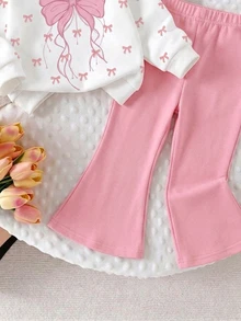 SHEIN 2件組女嬰套裝，秋冬新款全印花蝴蝶結圓領套頭衛衣 + 蝴蝶印花喇叭褲 2件套，適合秋冬穿著，校園風 - 彩色 - 查看 5