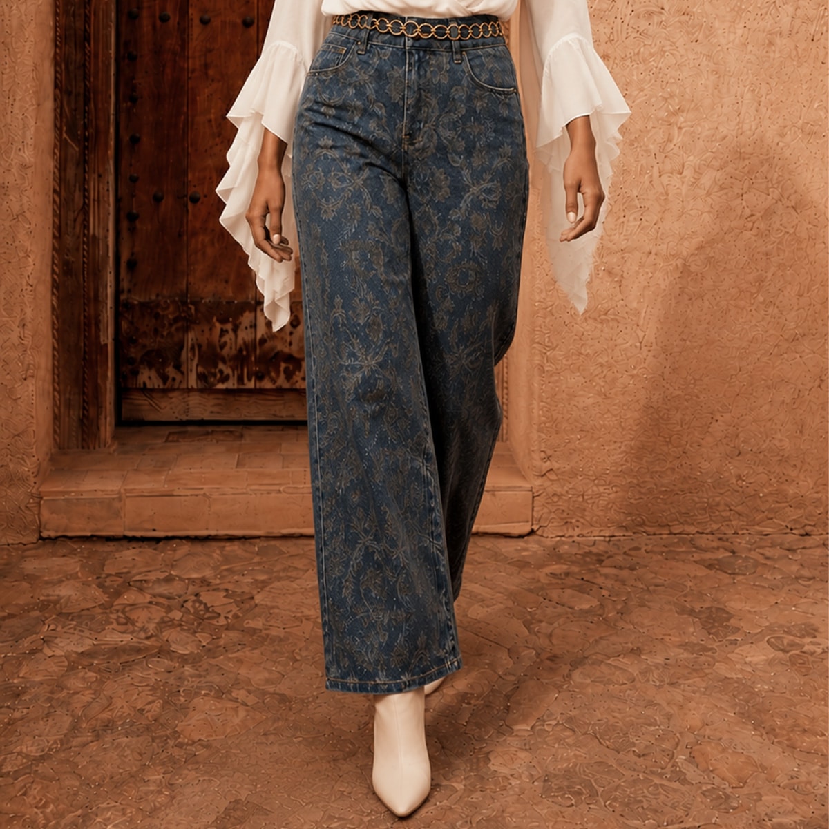 Vintage Wash Blue Denim Straight Leg Graphic Print Retro Jeans, view 9
