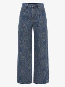 Zerodot Quần jean nữ ống đứng denim xanh wash vintage in họa tiết phong cách retro, thường ngày, mùa thu và tiền thu - Rửa tối - Xem 8