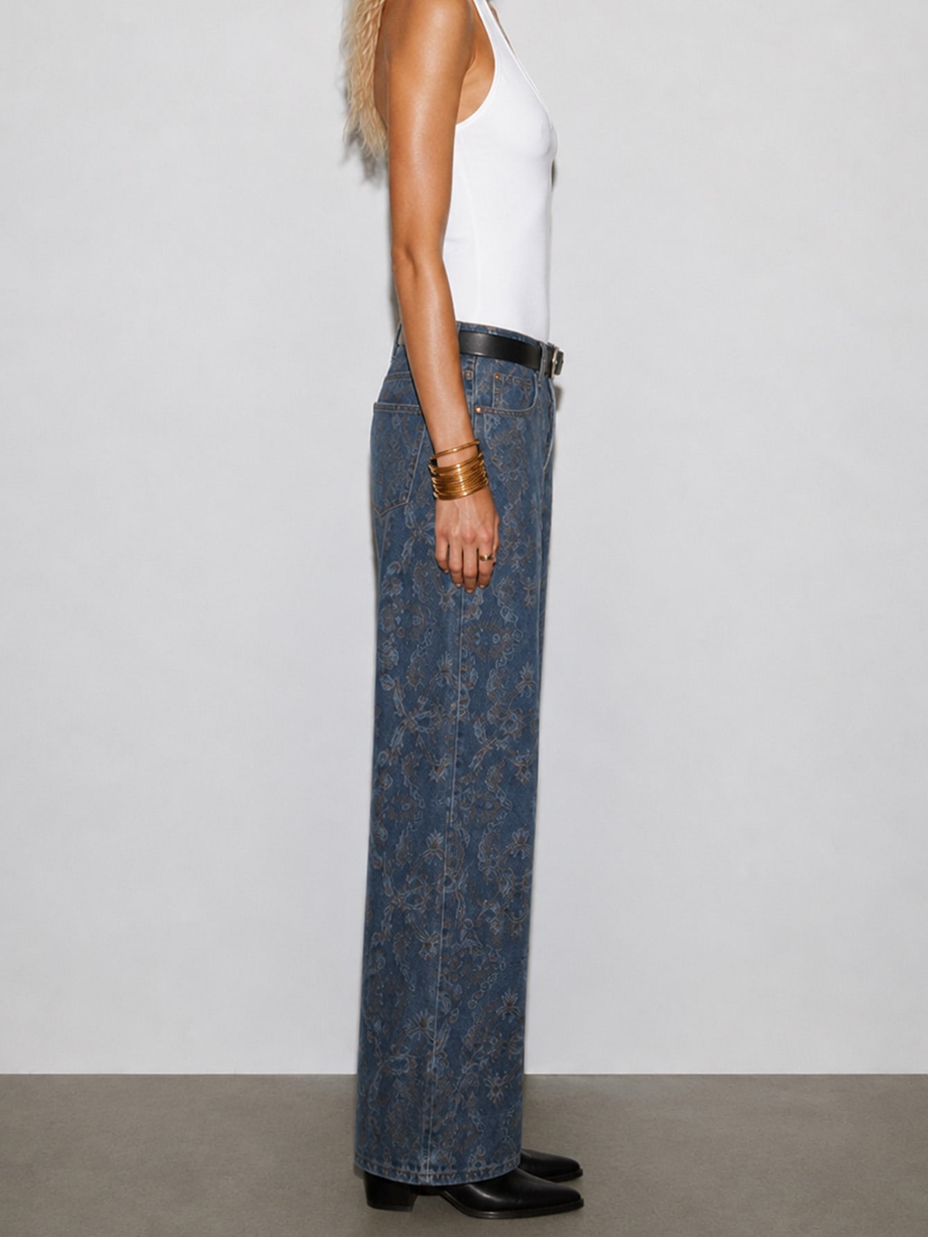 Vintage Wash Blue Denim Straight Leg Graphic Print Retro Jeans, view 3