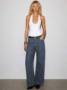 Zerodot Quần jean nữ ống đứng denim xanh wash vintage in họa tiết phong cách retro, thường ngày, mùa thu và tiền thu - Rửa tối - Xem 1