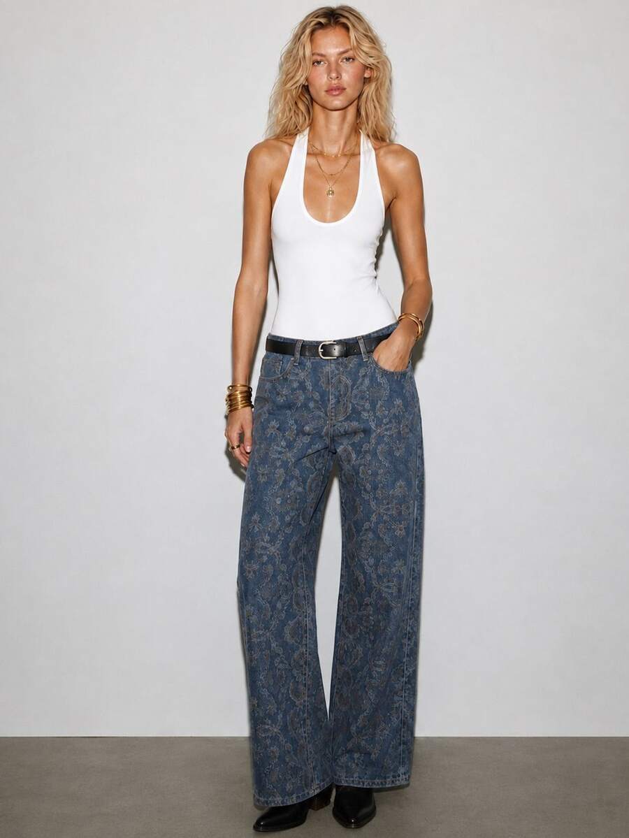 Zerodot Quần jean nữ ống đứng denim xanh wash vintage in họa tiết phong cách retro, thường ngày, mùa thu và tiền thu - Rửa tối - Xem 1
