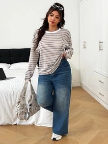 SHEIN EZwear 大尺碼日常百搭提花撞色圓領長袖T恤 秋季 - 杏色 - 查看 3